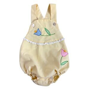 Vintage Baby Girl Yellow Seersucker Bubble Romper Floral Appliqué Spring Sunsuit